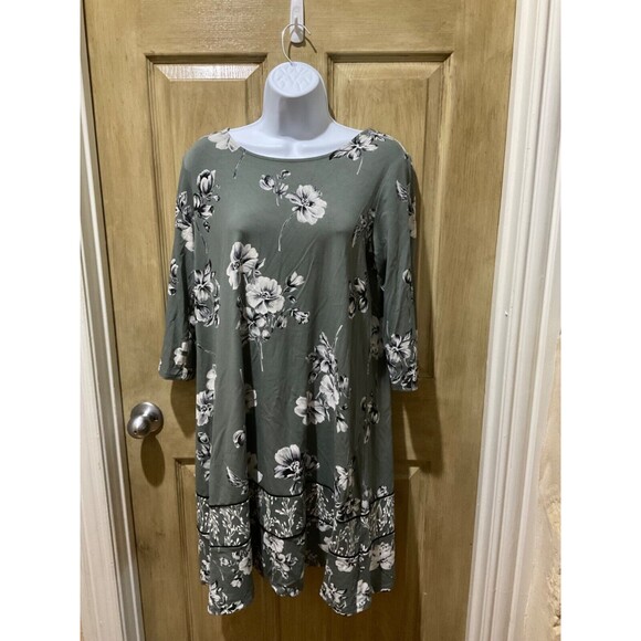 J Jill Wearever Floral Midi Dress 3/4 Sleeves Sz PM Green White Crew Neck - Picture 1 of 7